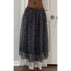 Floral blue maxi skirt with white lace